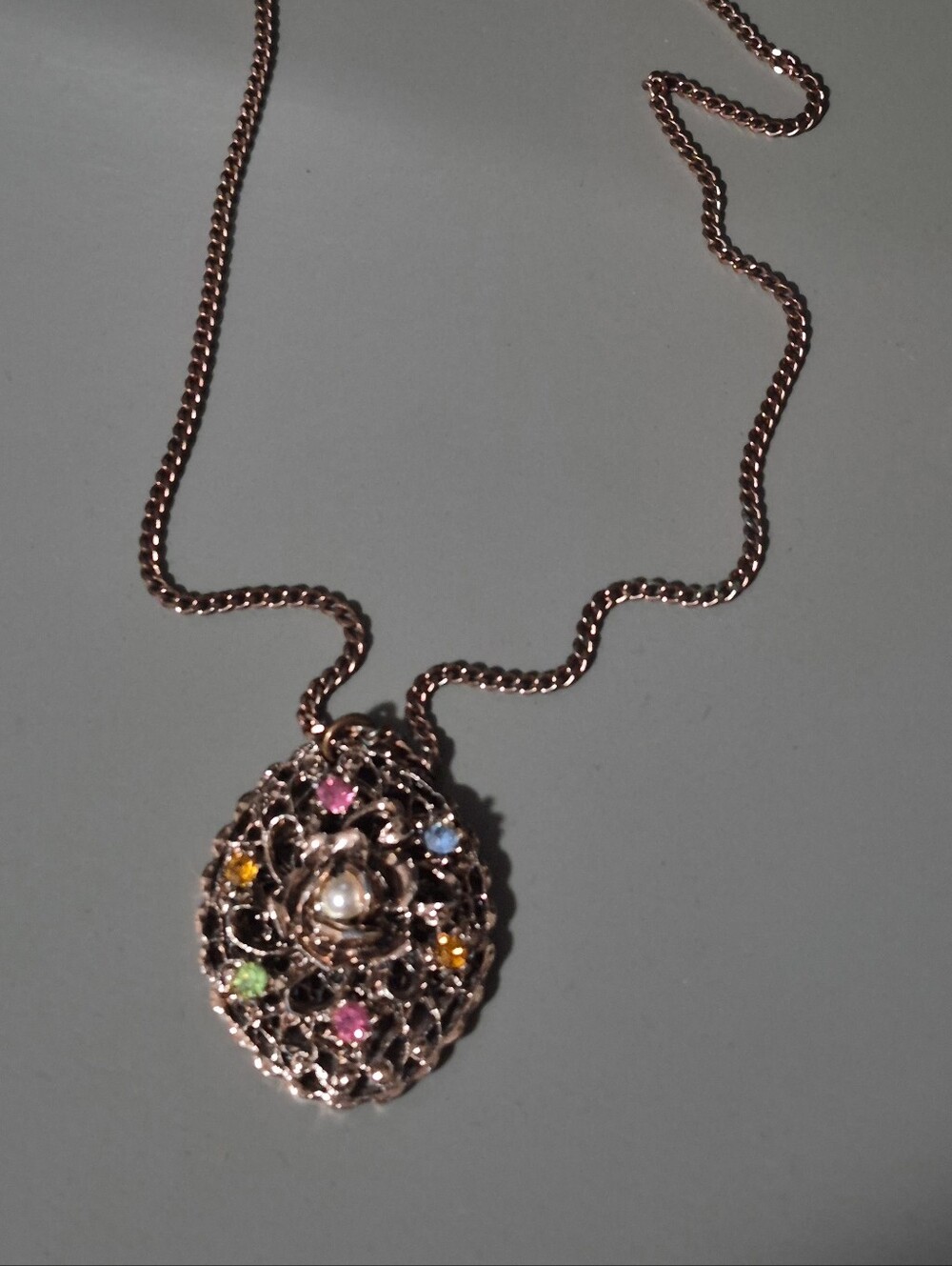 Rose Gold Filigree Pendant Necklace with Multicolor Stones - Unbranded